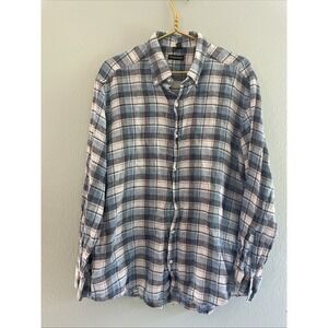 Bergdorf Goodman Linen Long Sleeve Button Down Shirt Men Sz XL Blue White Plaid